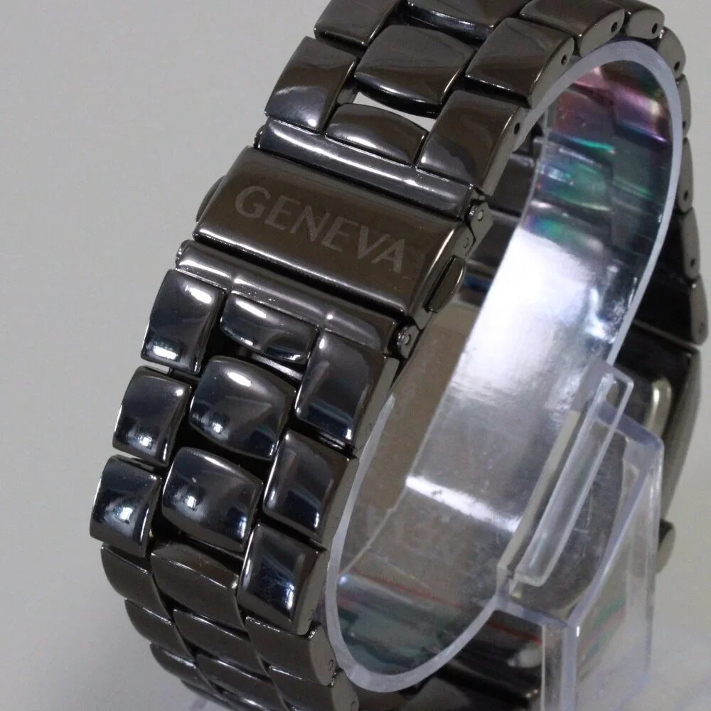 Geneva Men's Tank Style Quarts Watch Gun Metal Grey With Stone Accents 37mm